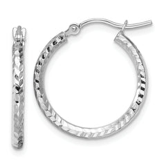 10k White Gold Diamond-cut 2mm Round Tube Hoop Earrings