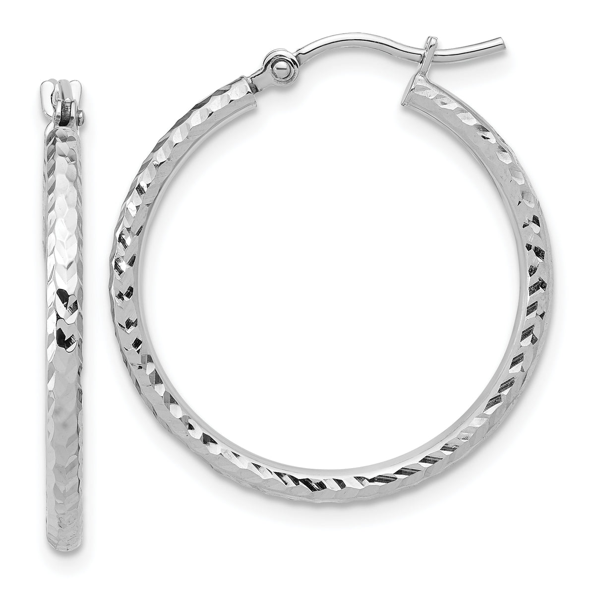 10k White Gold Diamond-cut 2mm Round Tube Hoop Earrings