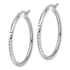 10k White Gold Diamond-cut 2mm Round Tube Hoop Earrings