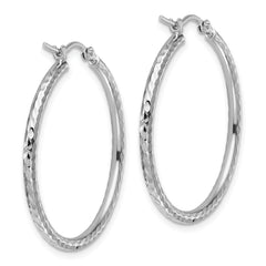 10k White Gold Diamond-cut 2mm Round Tube Hoop Earrings