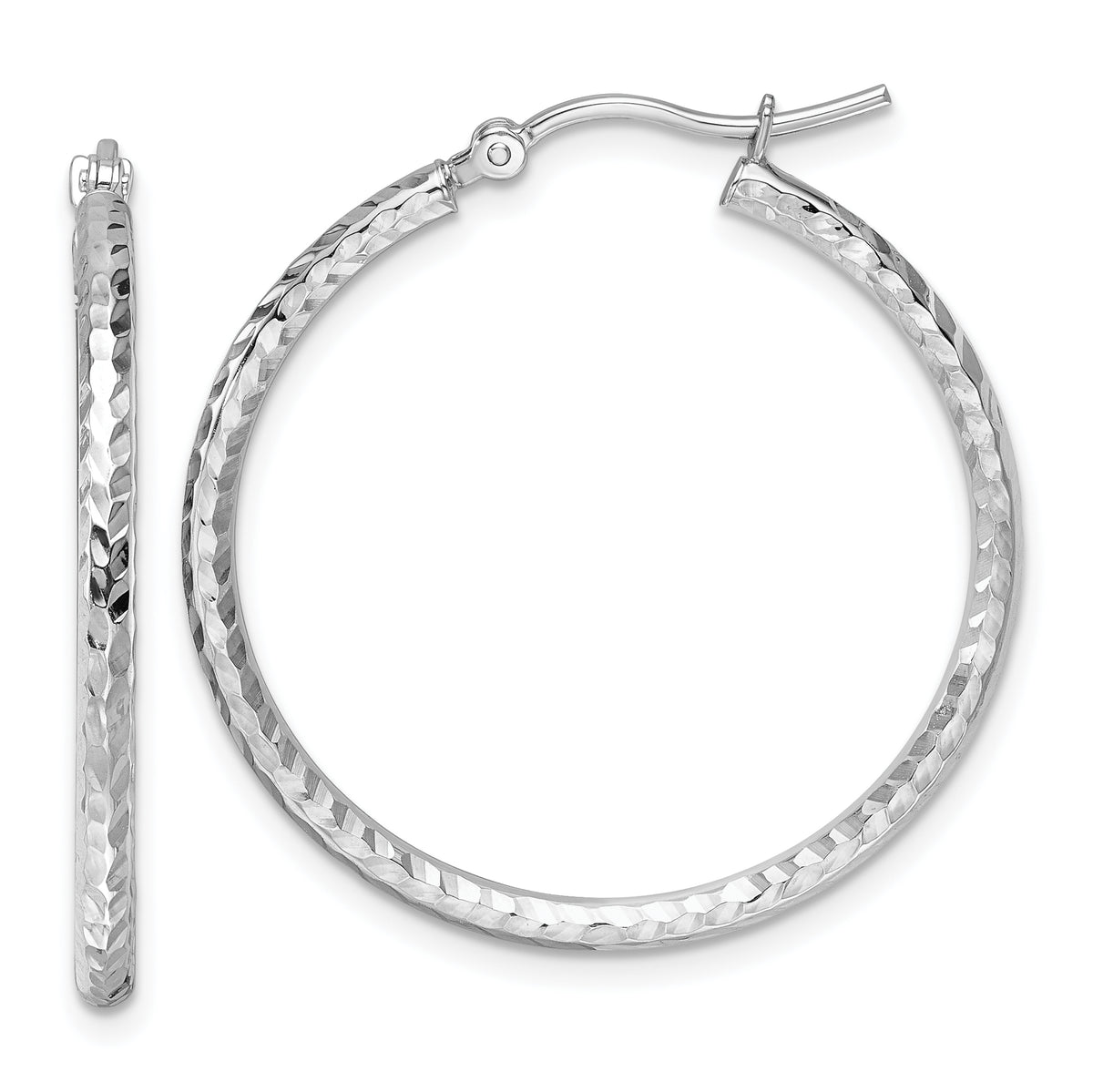 10k White Gold Diamond-cut 2mm Round Tube Hoop Earrings
