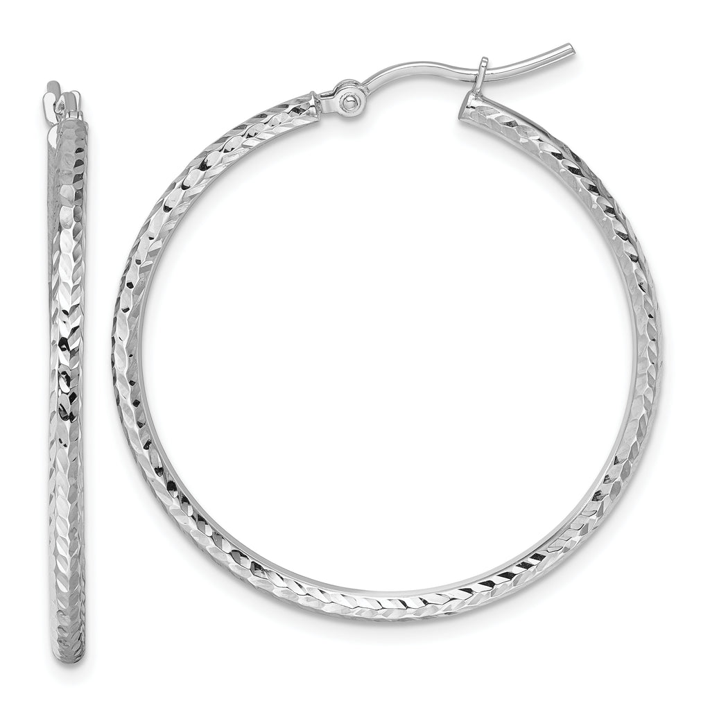 10k White Gold Diamond-cut 2mm Round Tube Hoop Earrings