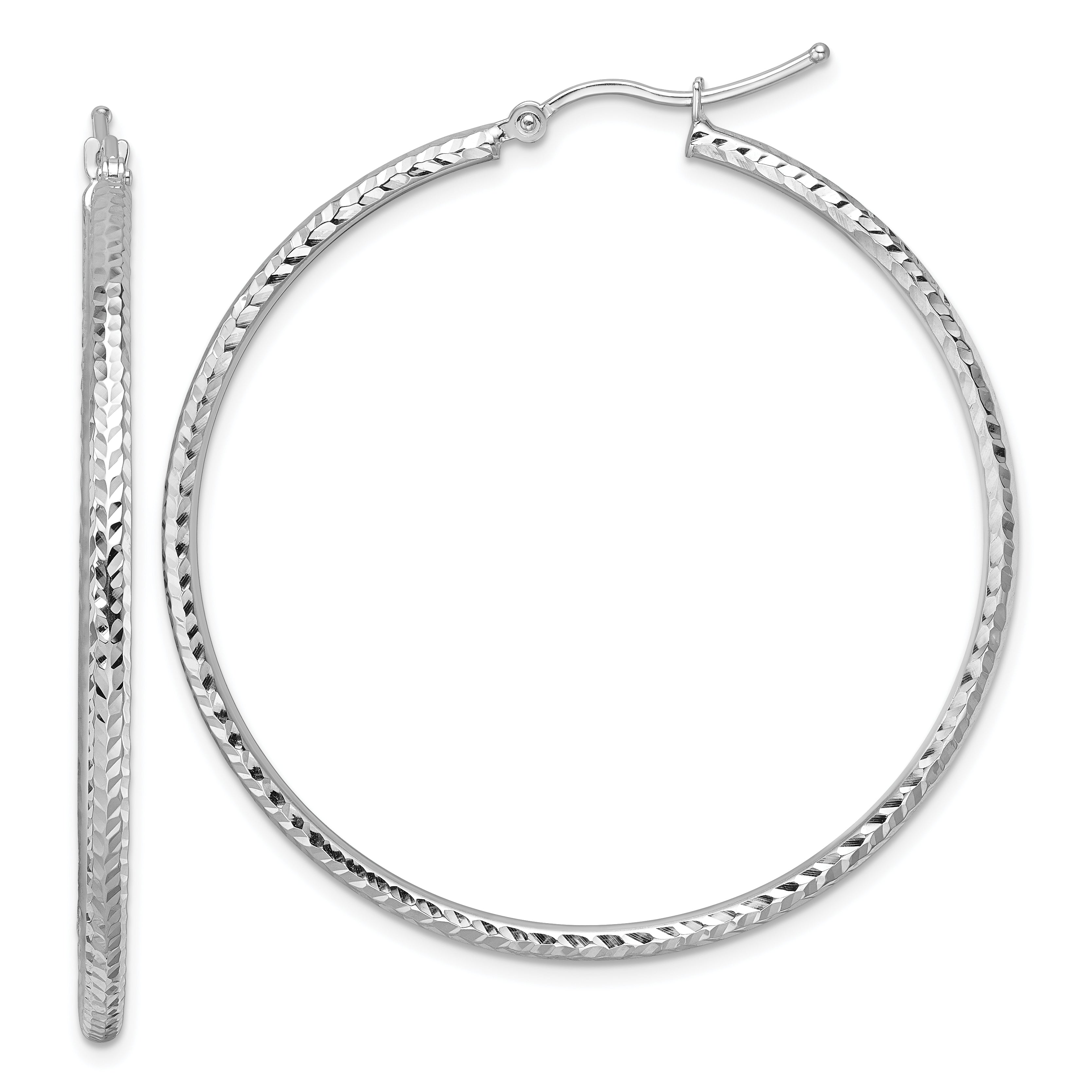 10k White Gold Diamond-cut 2mm Round Tube Hoop Earrings