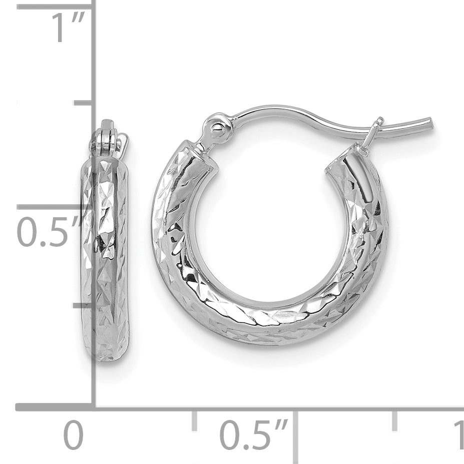10k White Gold Diamond-cut 3mm Round Hoop Earrings