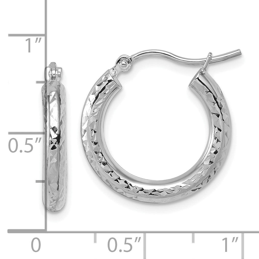 10k White Gold Diamond-cut 3mm Round Hoop Earrings
