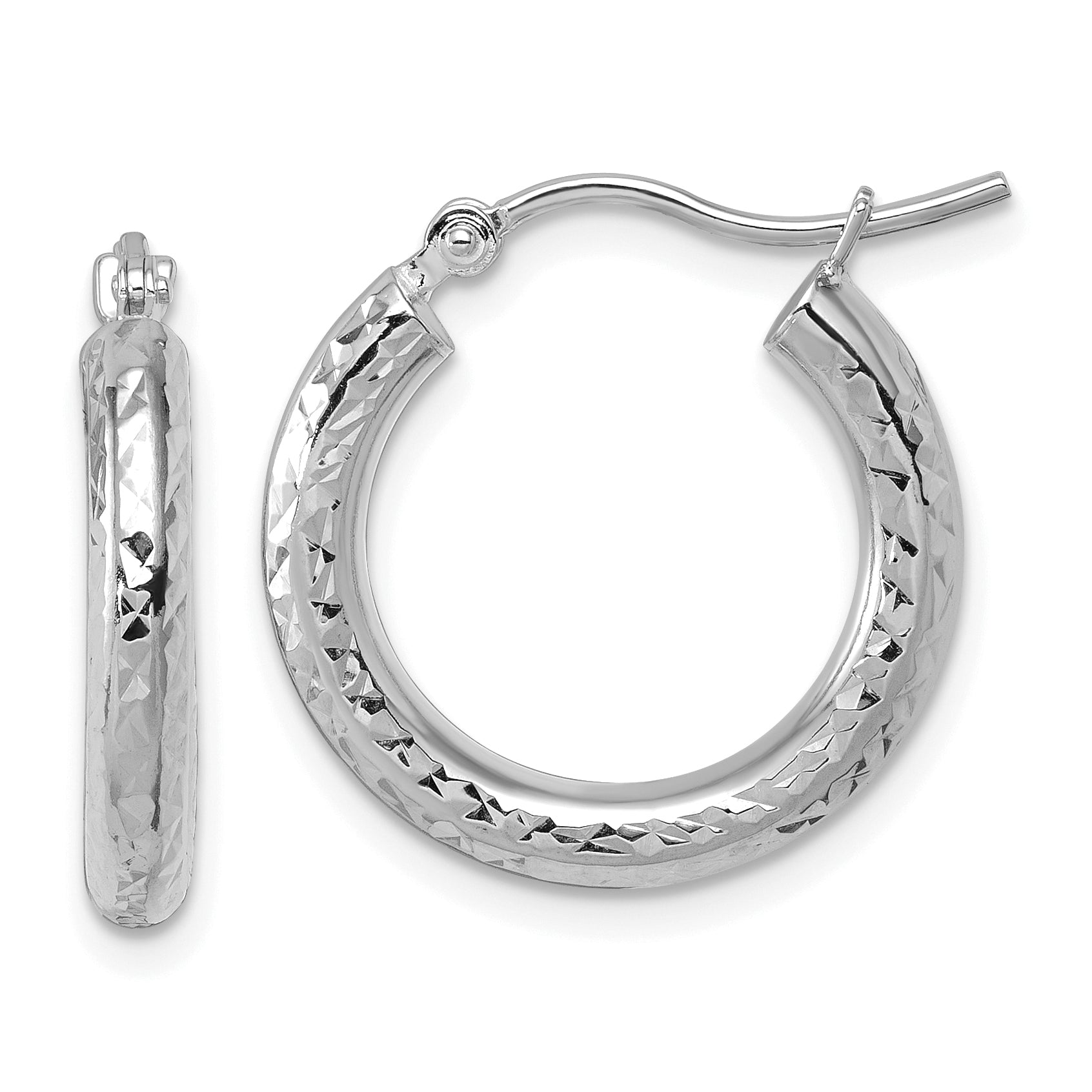 10k White Gold Diamond-cut 3mm Round Hoop Earrings Main image