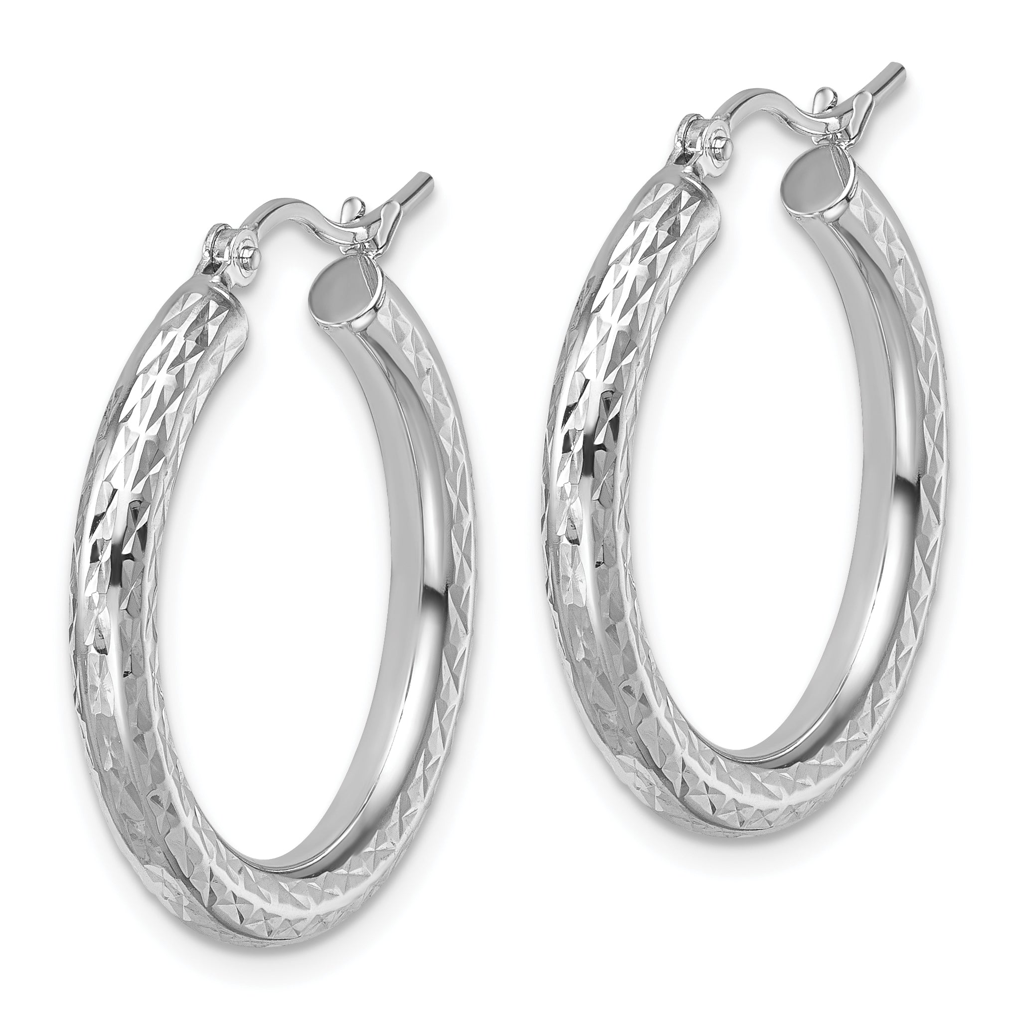 10k White Gold Diamond-cut 3mm Round Hoop Earrings