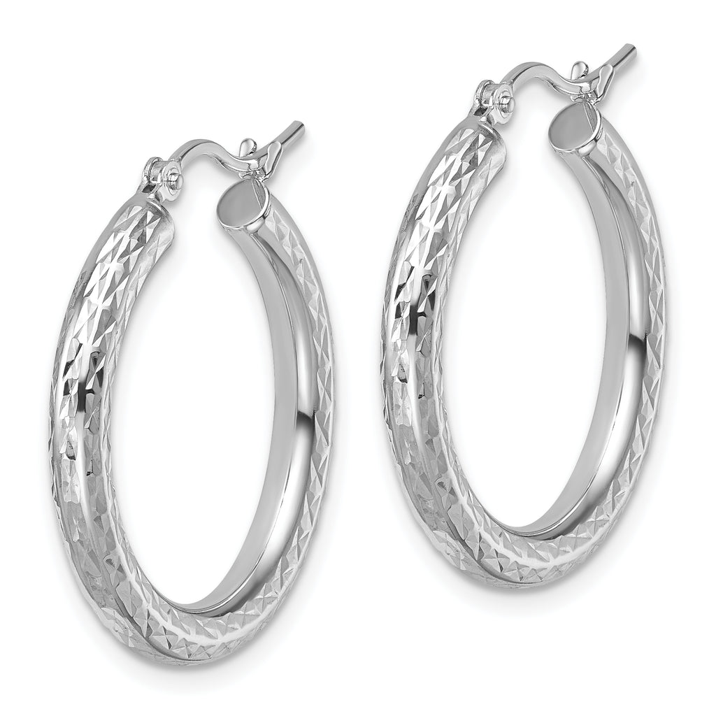 10k White Gold Diamond-cut 3mm Round Hoop Earrings