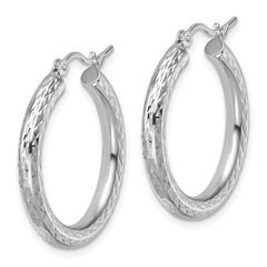 10k White Gold Diamond-cut 3mm Round Hoop Earrings