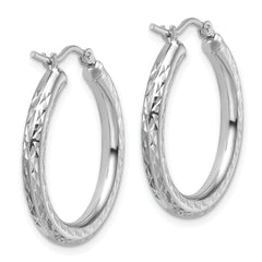 10k White Gold Diamond-cut 3mm Round Hoop Earrings