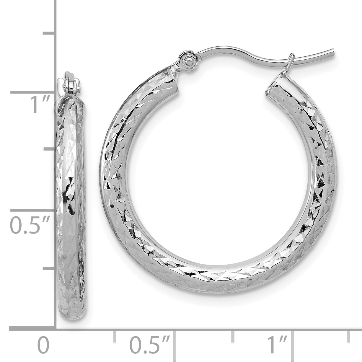 10k White Gold Diamond-cut 3mm Round Hoop Earrings