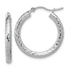 10k White Gold Diamond-cut 3mm Round Hoop Earrings