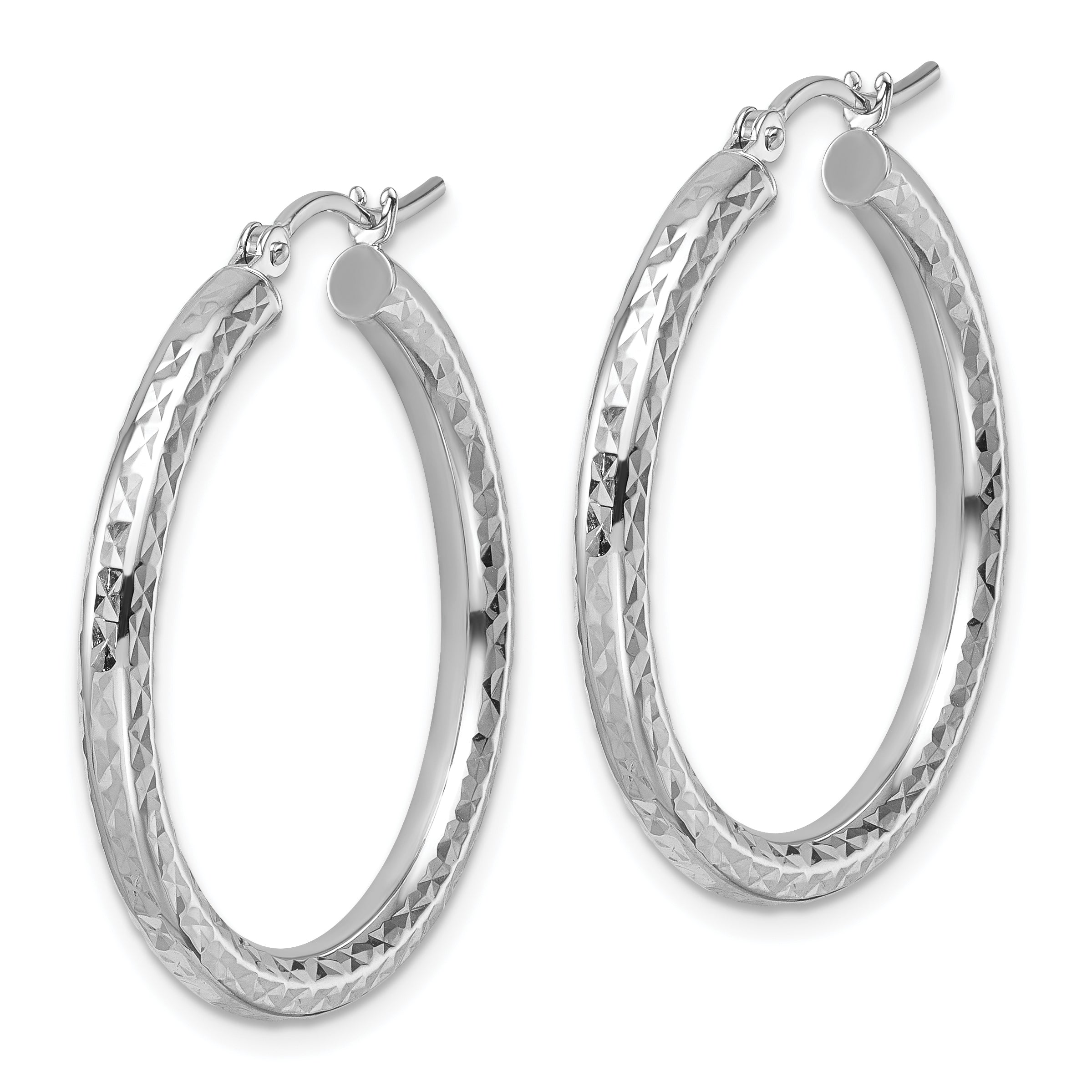 10k White Gold Diamond-cut 3mm Round Hoop Earrings