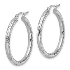 10k White Gold Diamond-cut 3mm Round Hoop Earrings