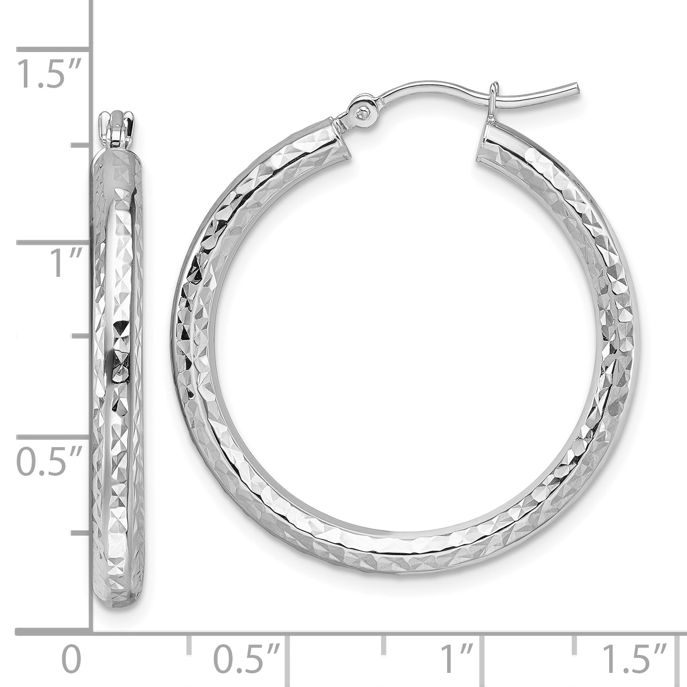 10k White Gold Diamond-cut 3mm Round Hoop Earrings