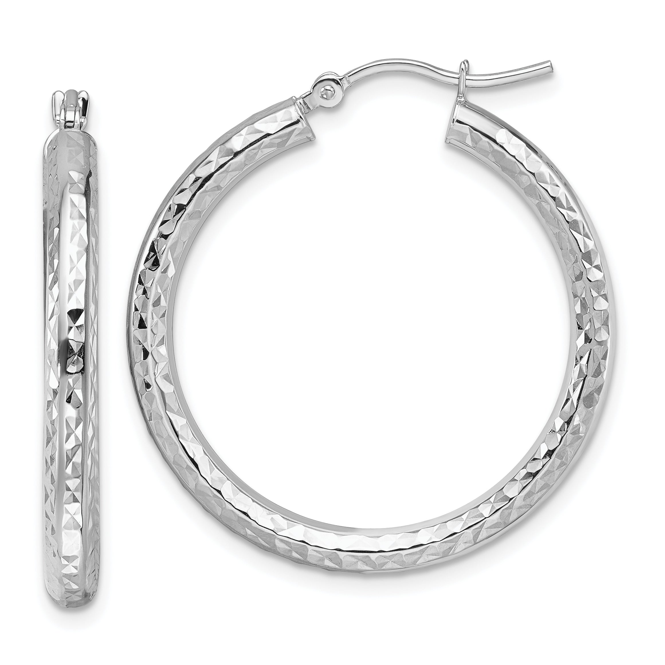 10k White Gold Diamond-cut 3mm Round Hoop Earrings Main image