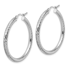 10k White Gold Diamond-cut 3mm Round Hoop Earrings
