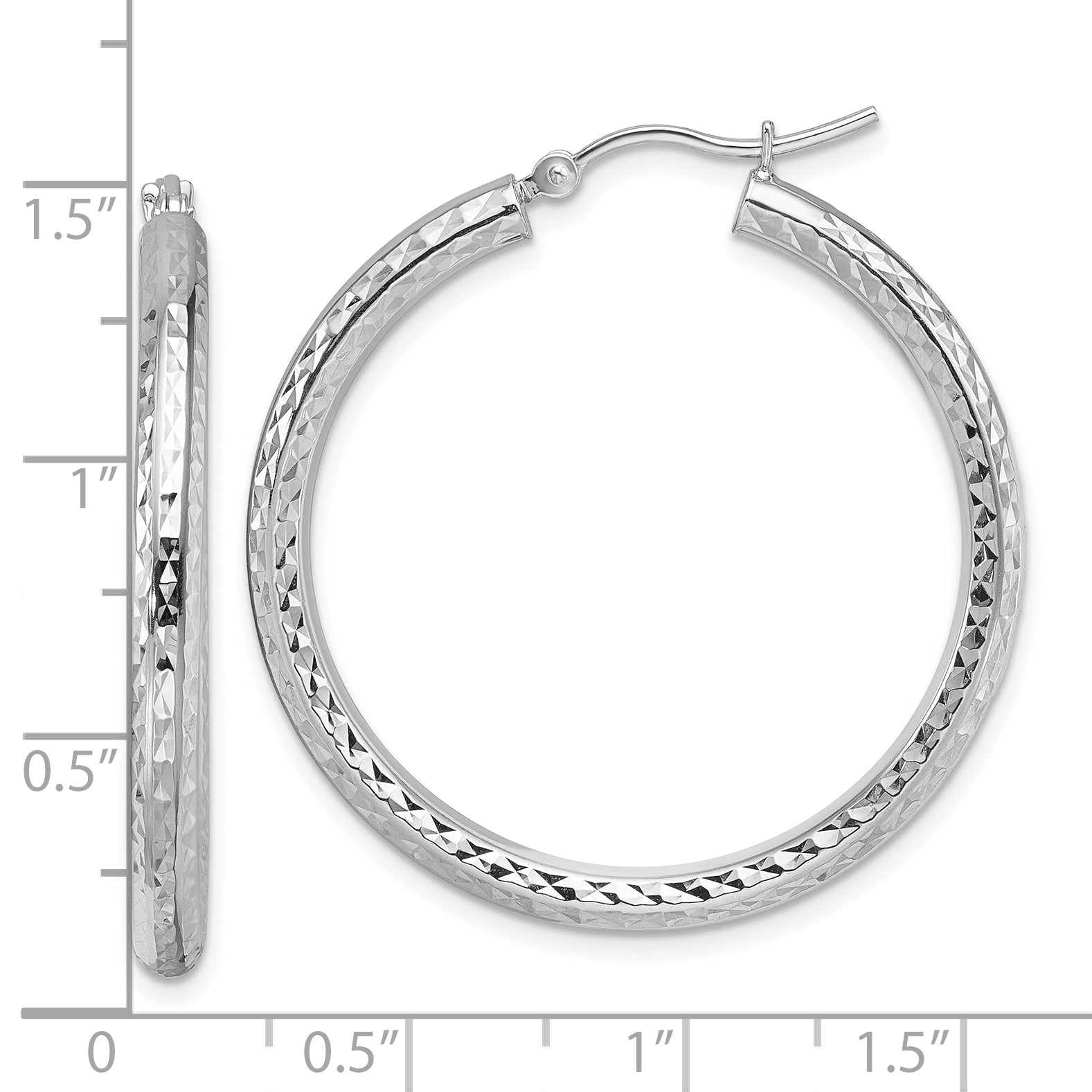 10k White Gold Diamond-cut 3mm Round Hoop Earrings
