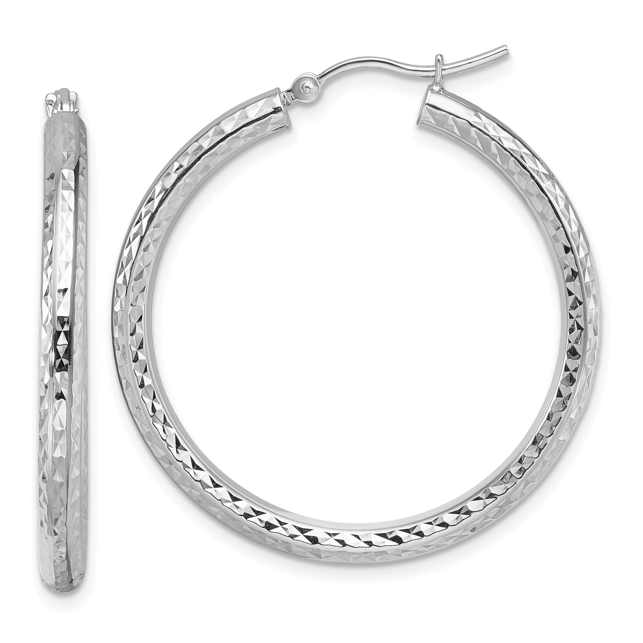 10k White Gold Diamond-cut 3mm Round Hoop Earrings Main image