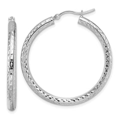 10k White Gold Diamond-cut 3mm Round Hoop Earrings