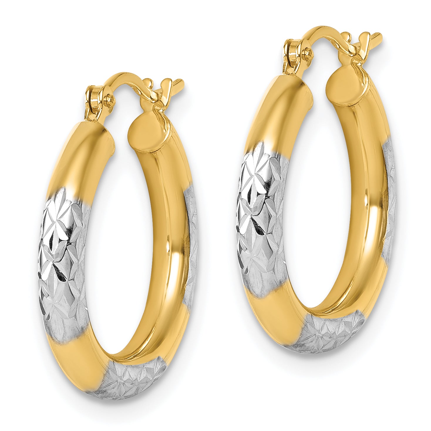 10K with Rhodium Diamond Cut 3mm Hoop Earrings Secondary image
