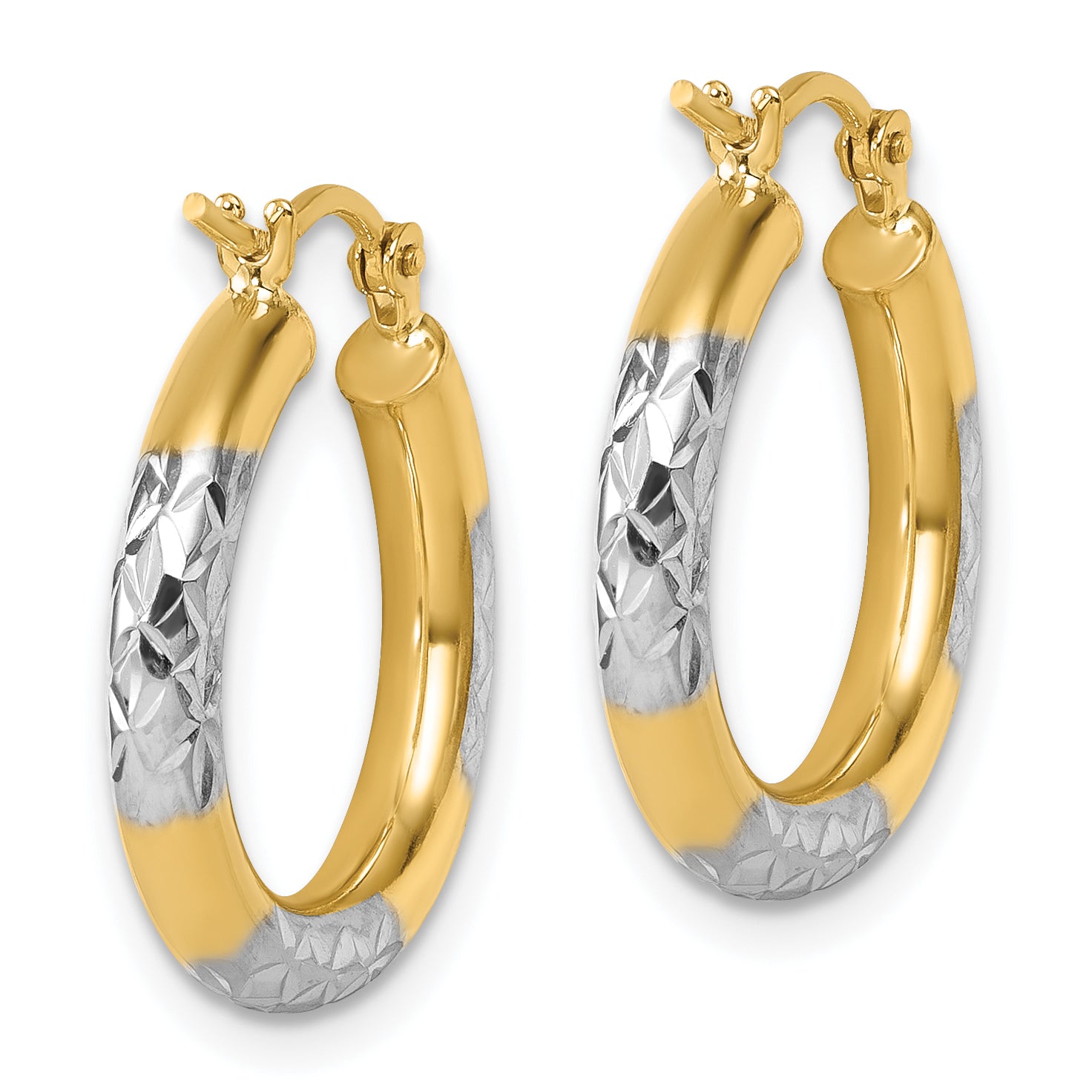 10K with Rhodium Diamond Cut 3mm Hoop Earrings