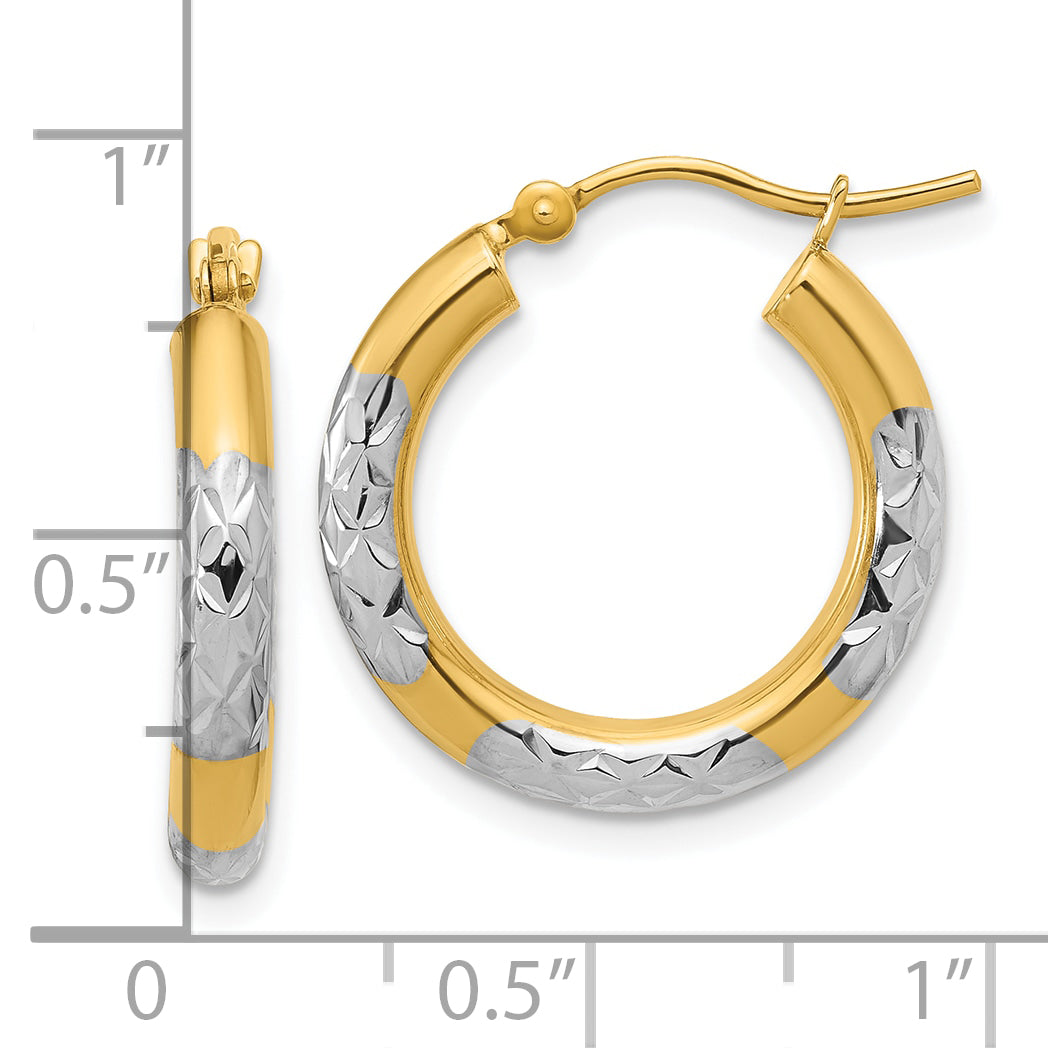 10K with Rhodium Diamond Cut 3mm Hoop Earrings