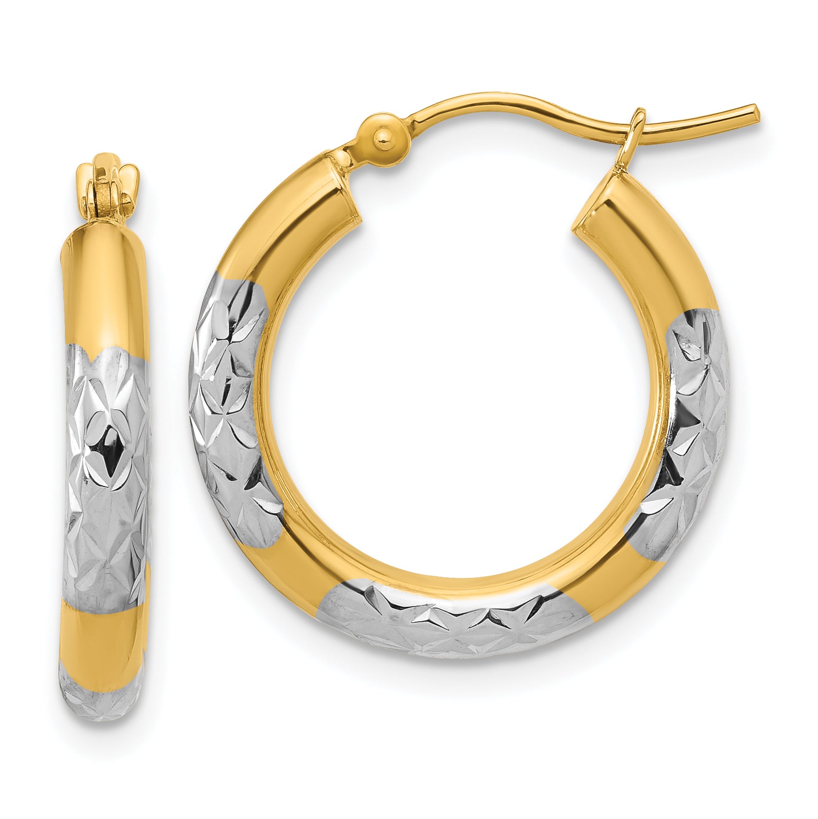 10K with Rhodium Diamond Cut 3mm Hoop Earrings