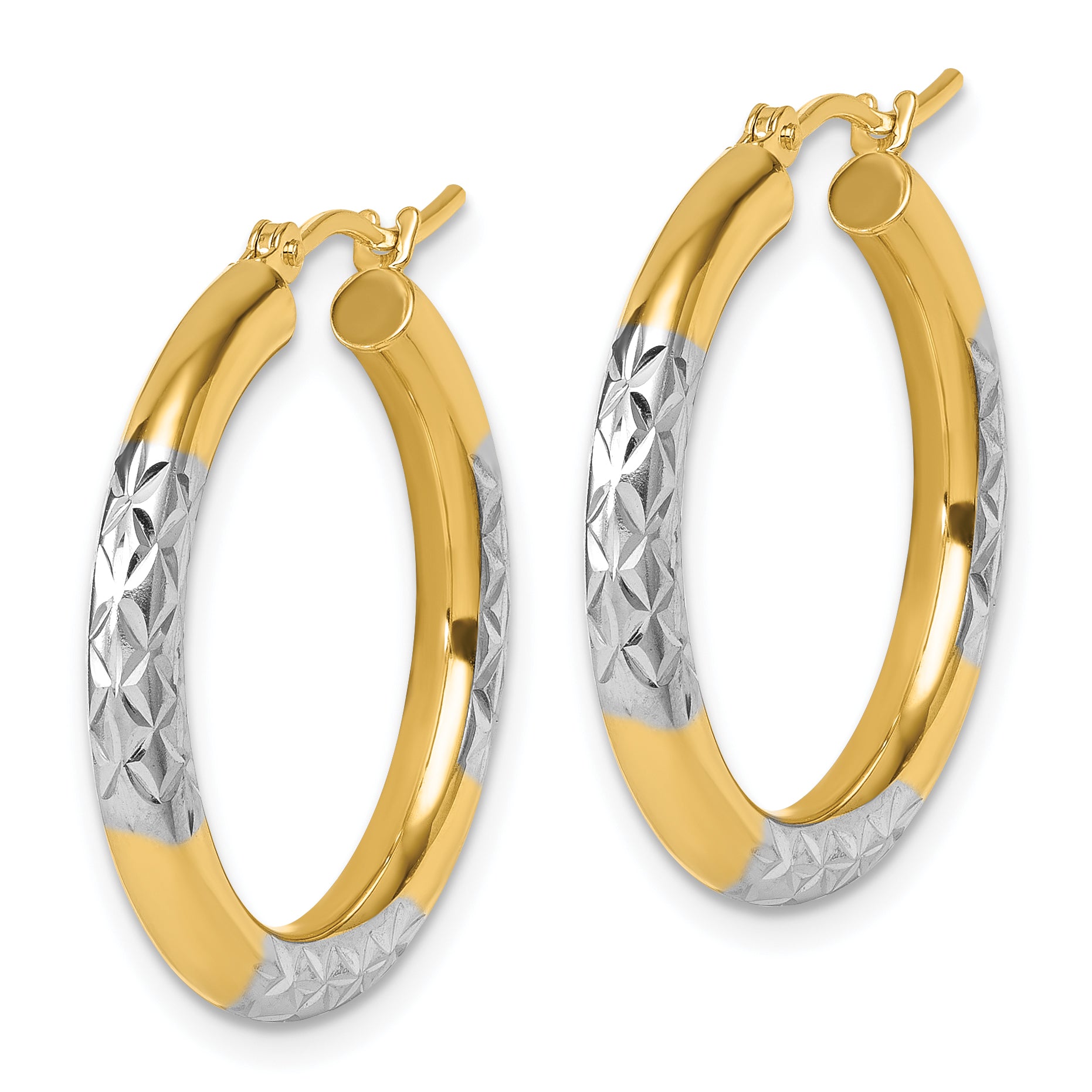 10K with Rhodium Diamond Cut 3mm Hoop Earrings Secondary image