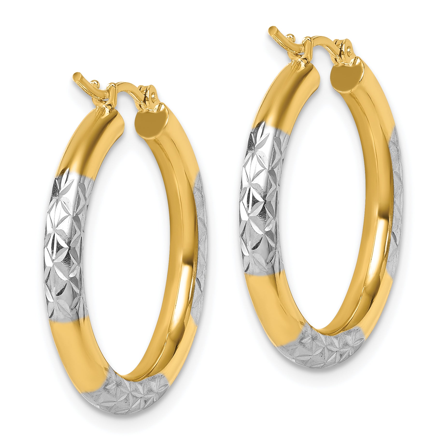 10K with Rhodium Diamond Cut 3mm Hoop Earrings