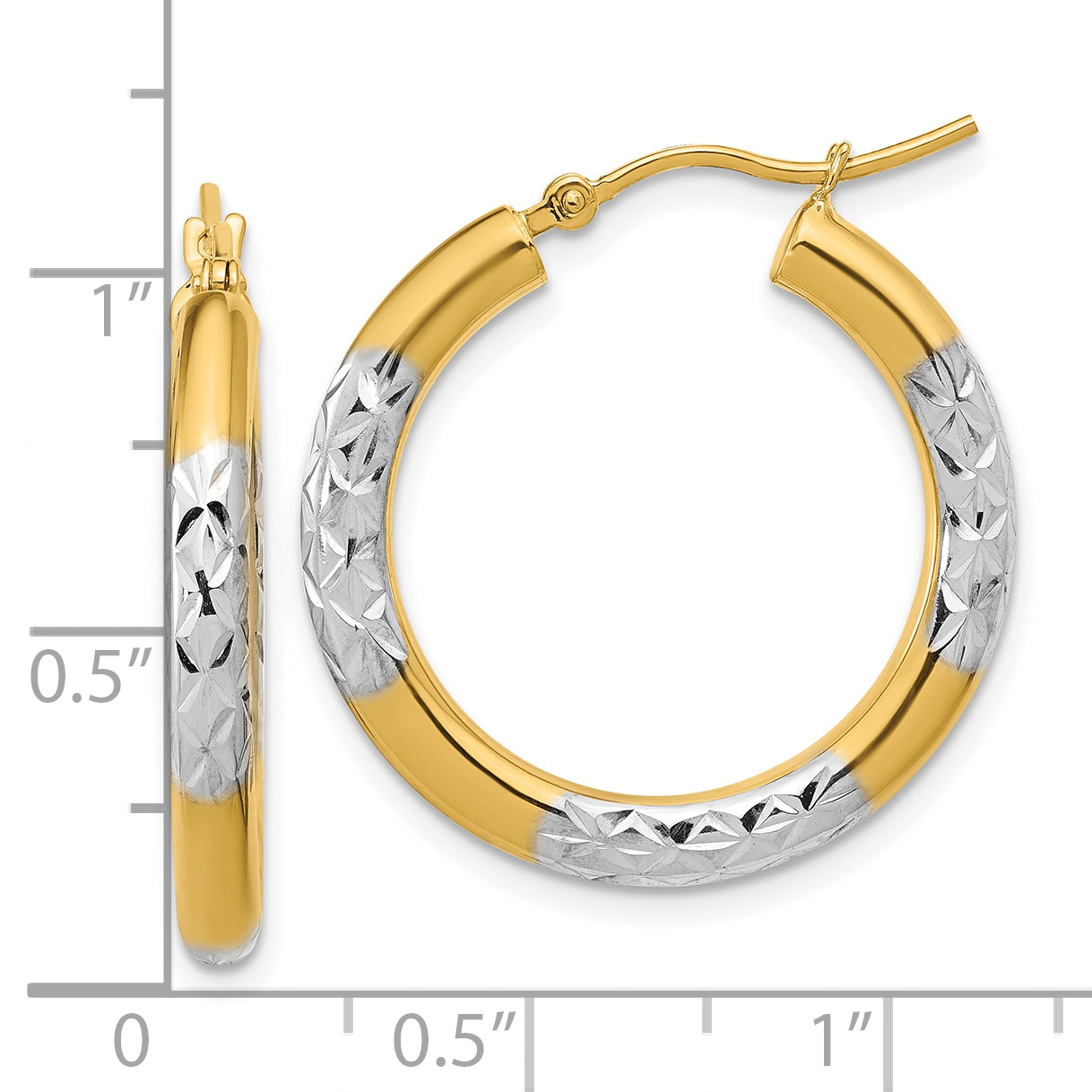 10K with Rhodium Diamond Cut 3mm Hoop Earrings