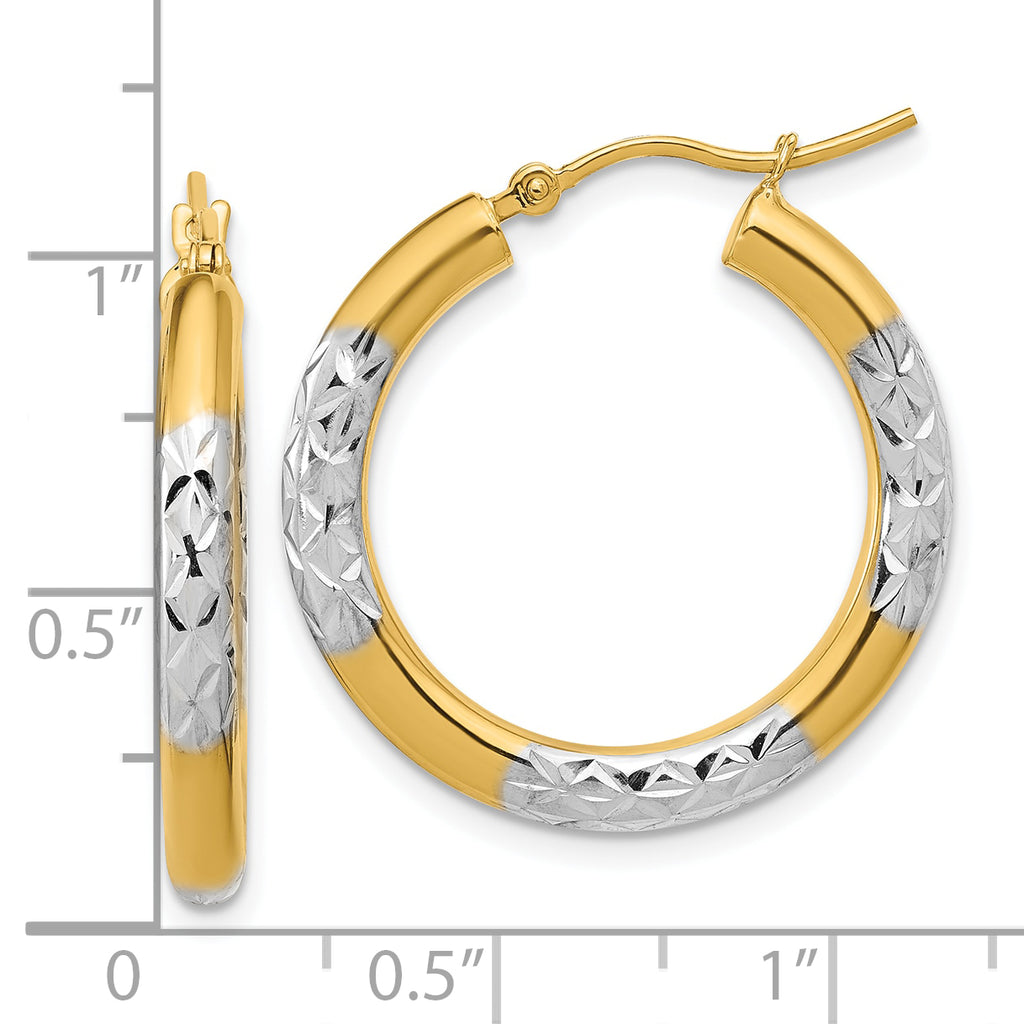 10K with Rhodium Diamond Cut 3mm Hoop Earrings