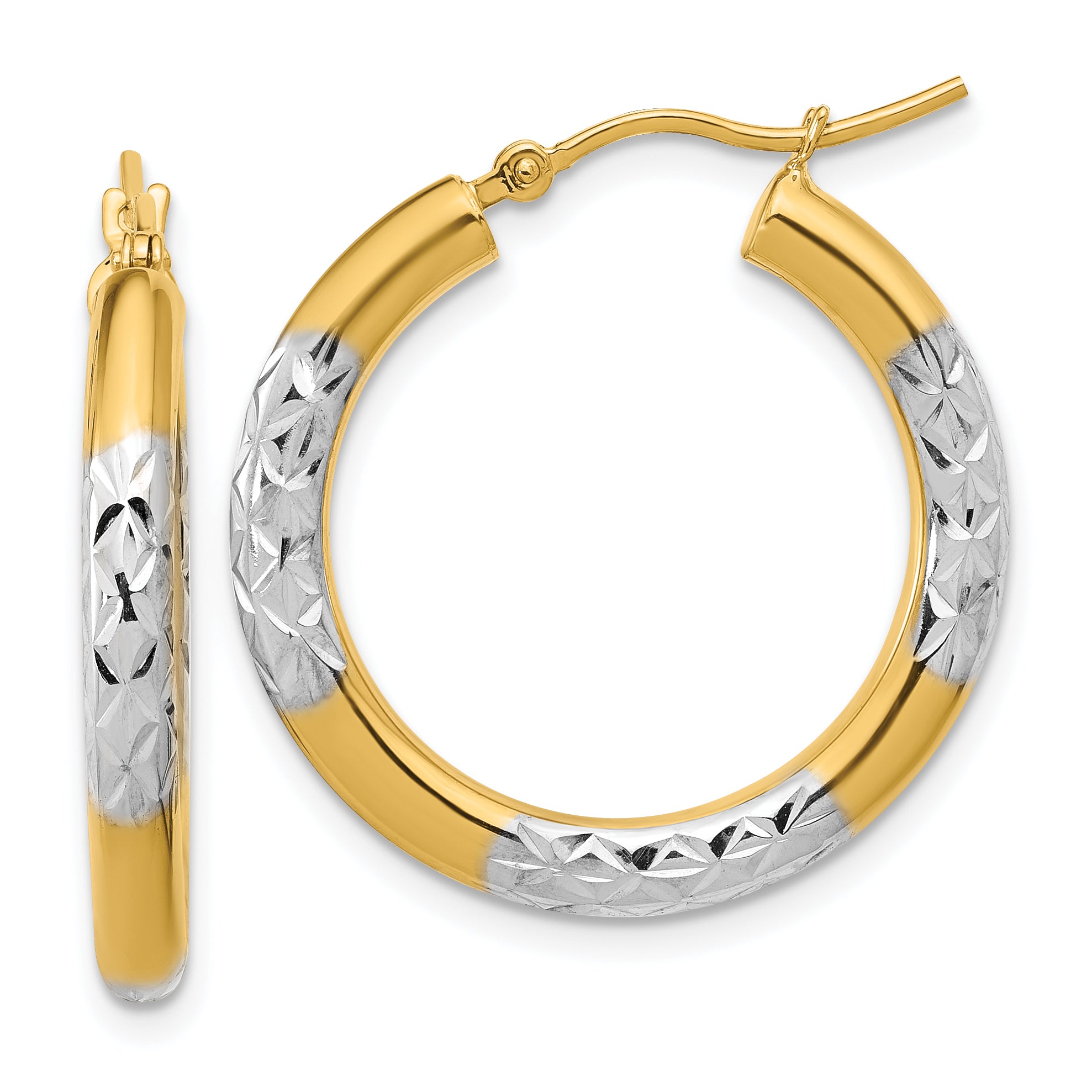 10K with Rhodium Diamond Cut 3mm Hoop Earrings Main image