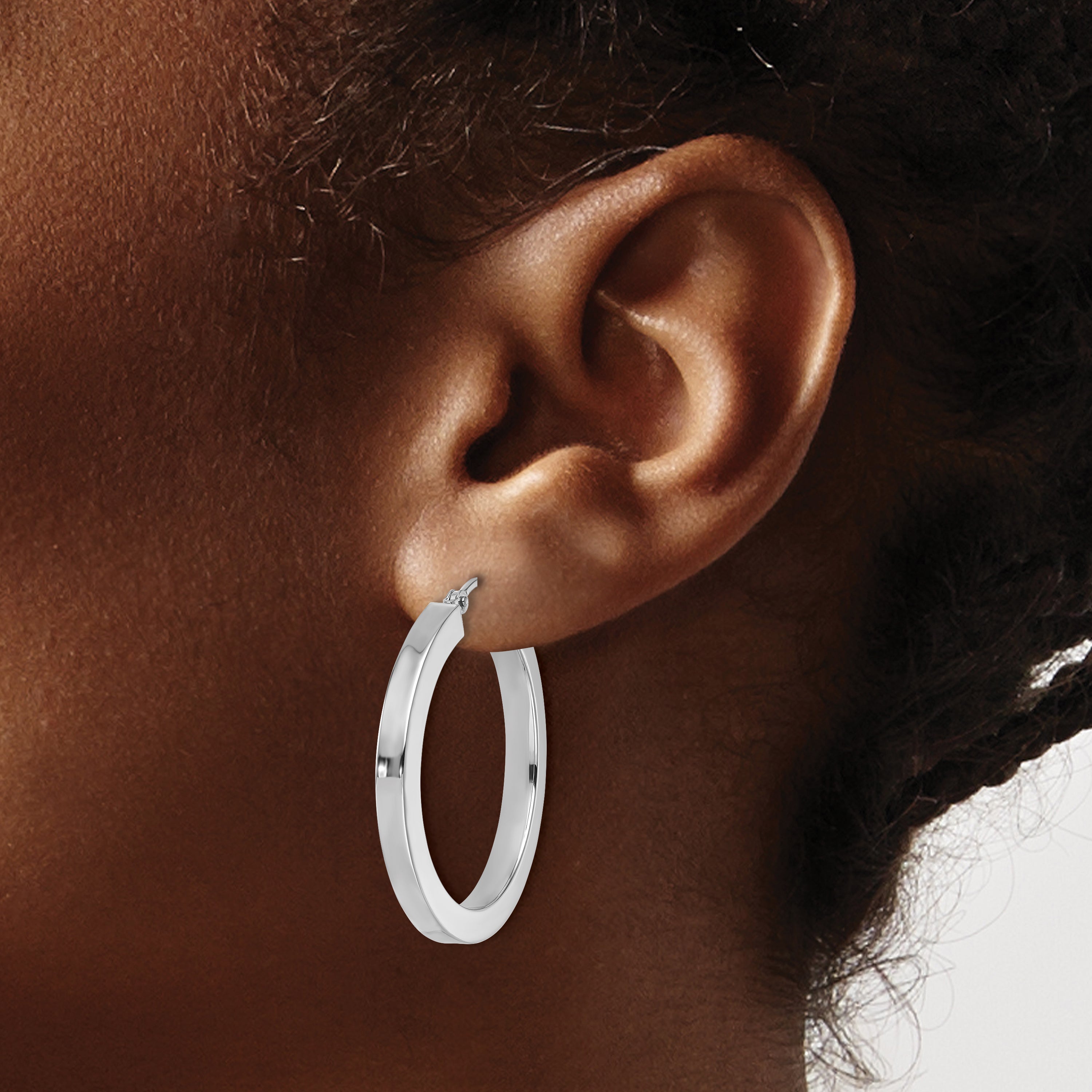 10k White Gold 3mm Polished Square Tube Hoop Earrings