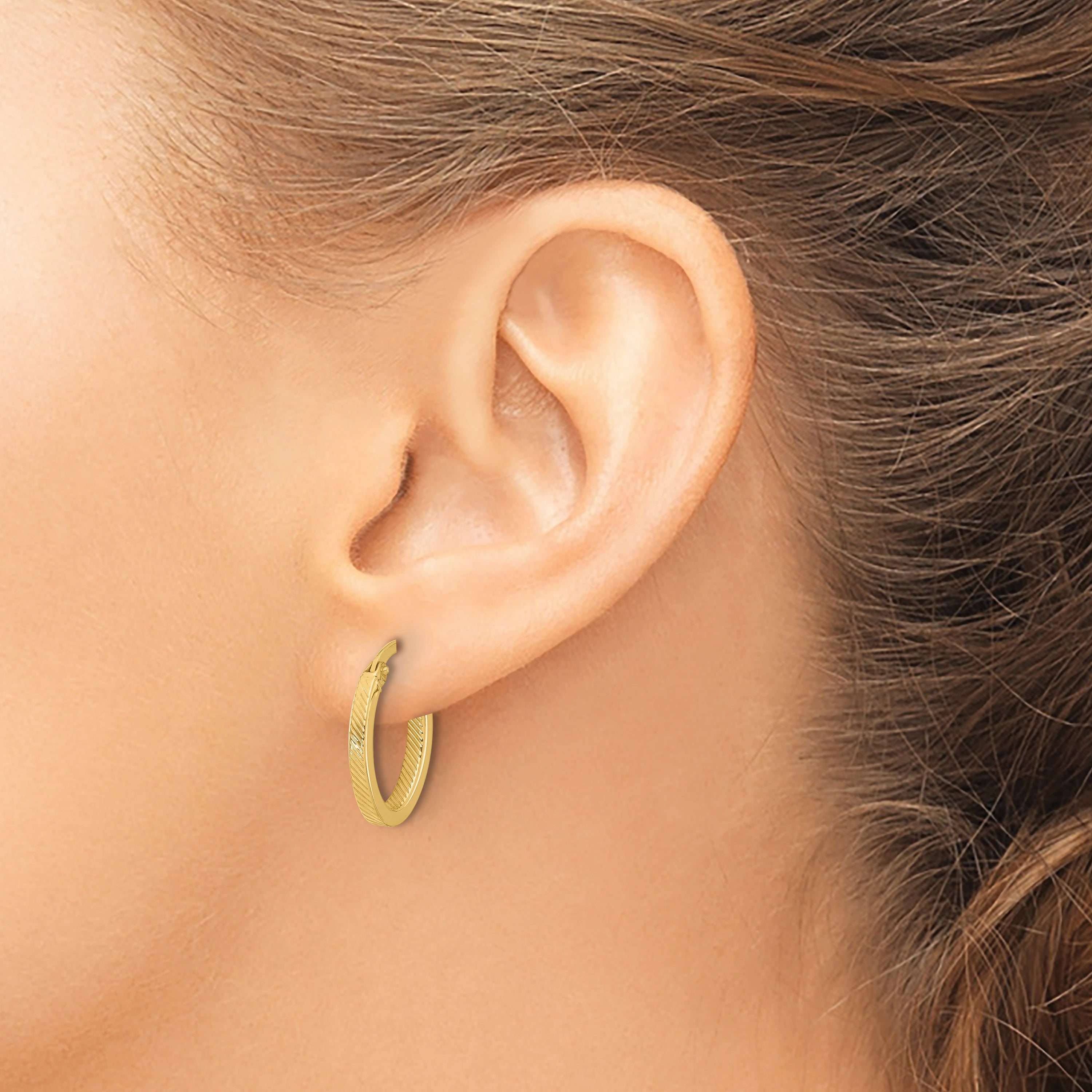 10K Polished and Textured Oval Hoop Earrings