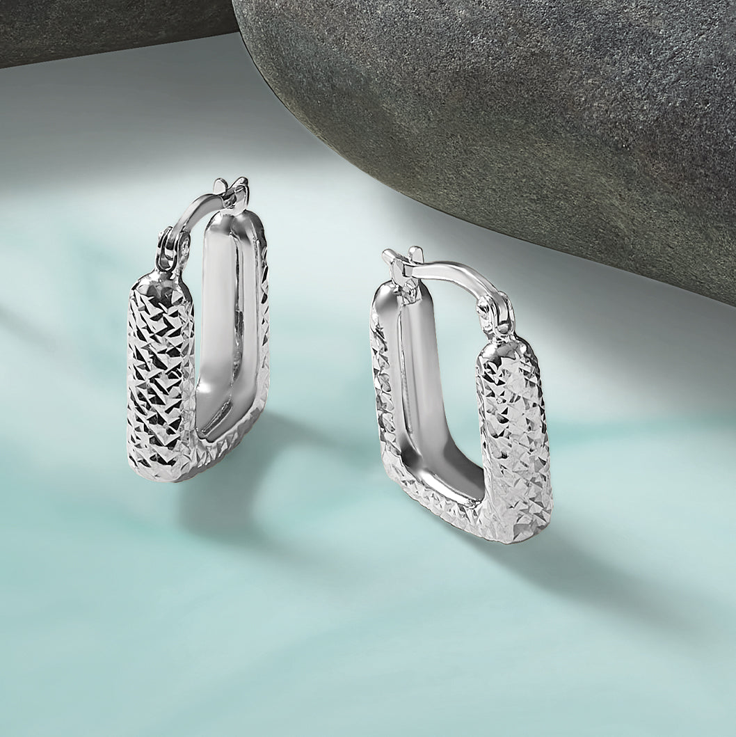 10K White Gold Polished and Diamond-cut Square Hoop Earrings
