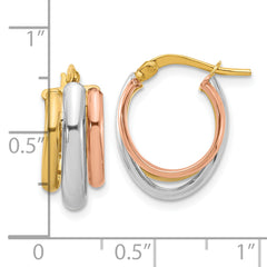 10K with White Rhodium and Rose Gold Plating Polished 3 Row Oval Hoop Earrings