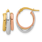 10K with White Rhodium and Rose Gold Plating Polished 3 Row Oval Hoop Earrings