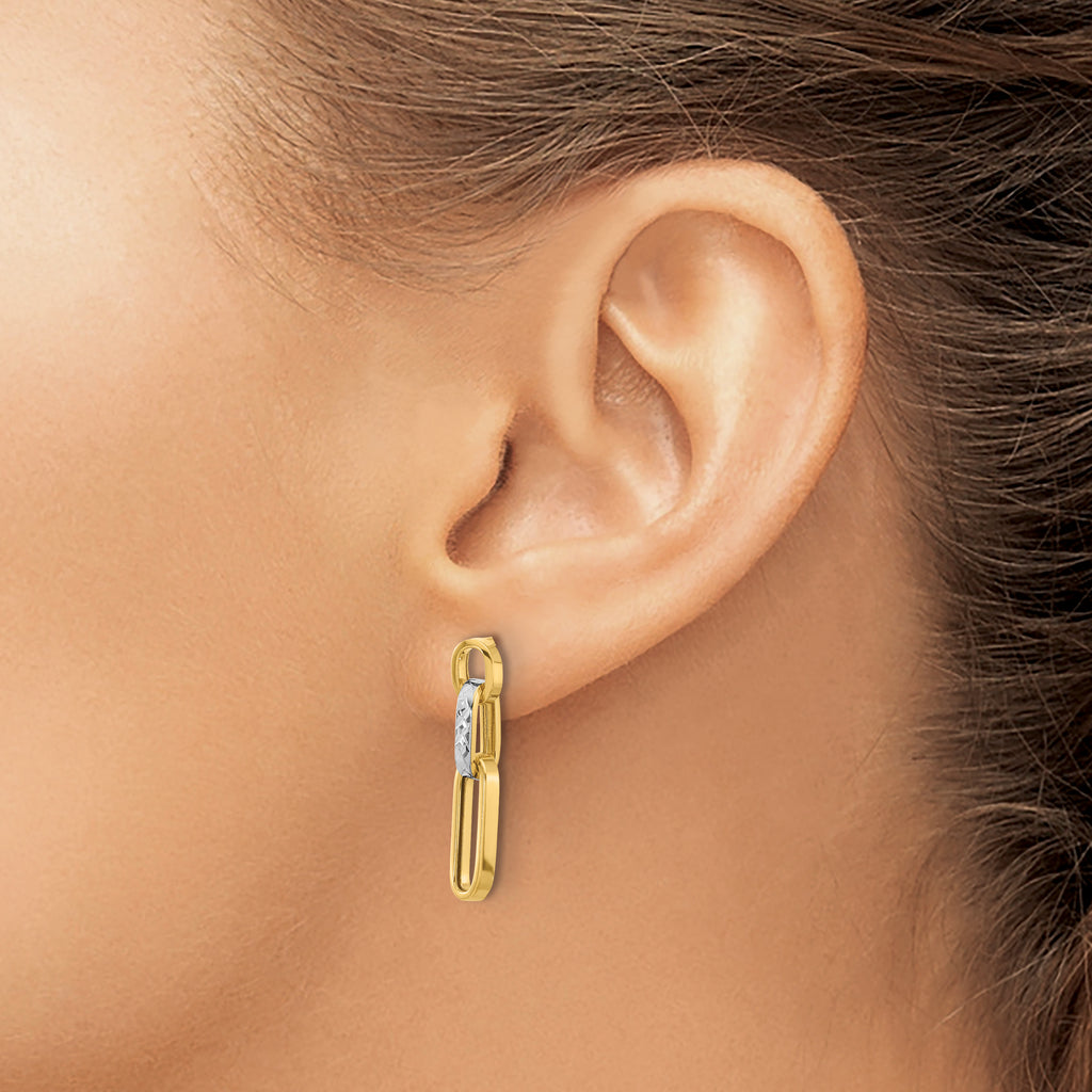 10K w/Rhodium Polished and D/C Link Dangle Post Earrings