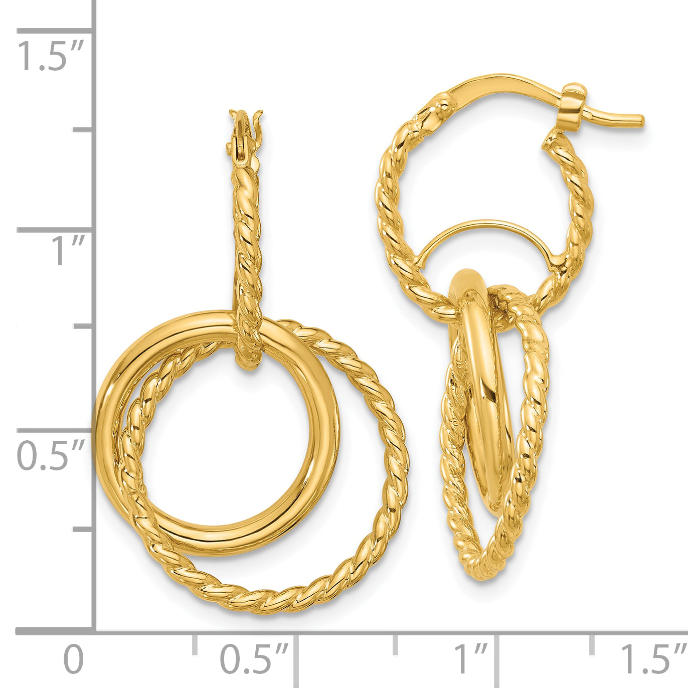 10K Polished and Twisted Dangle Circles Hoop Earrings