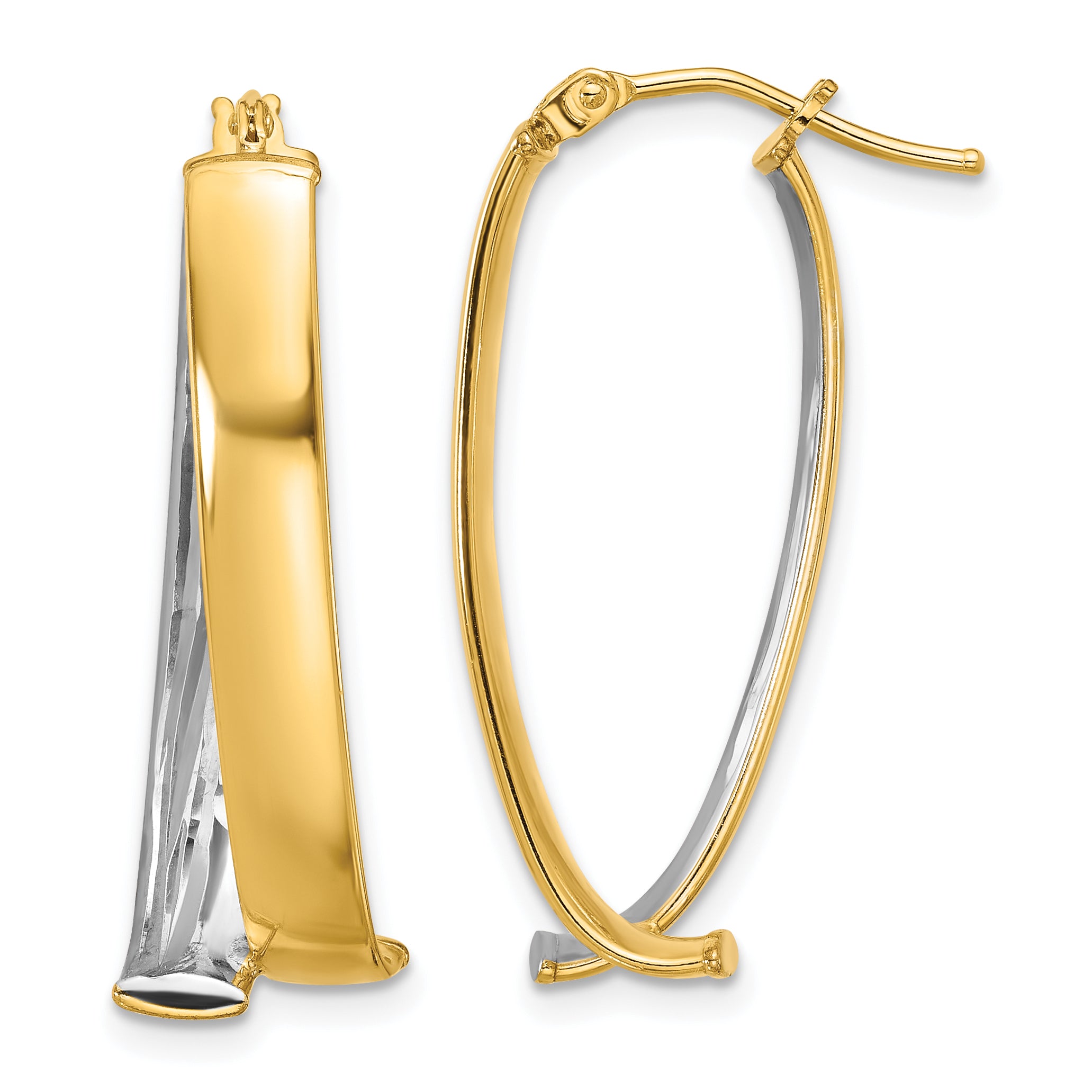 10K W/White Rhodium Polished and Textured Fancy Hoop Earrings