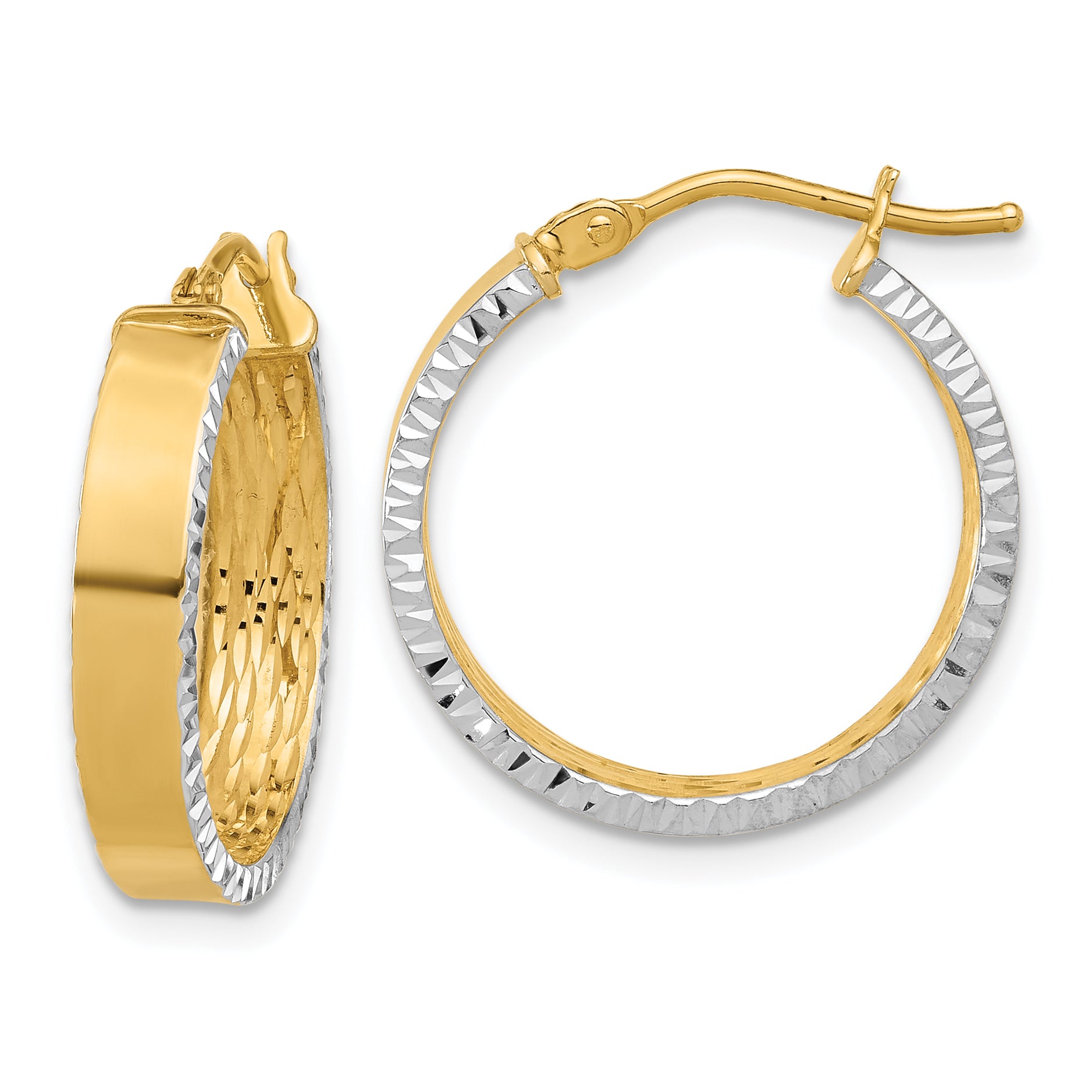 10K w/ White Rhodium Polished and Diamond-cut Hoop Earrings