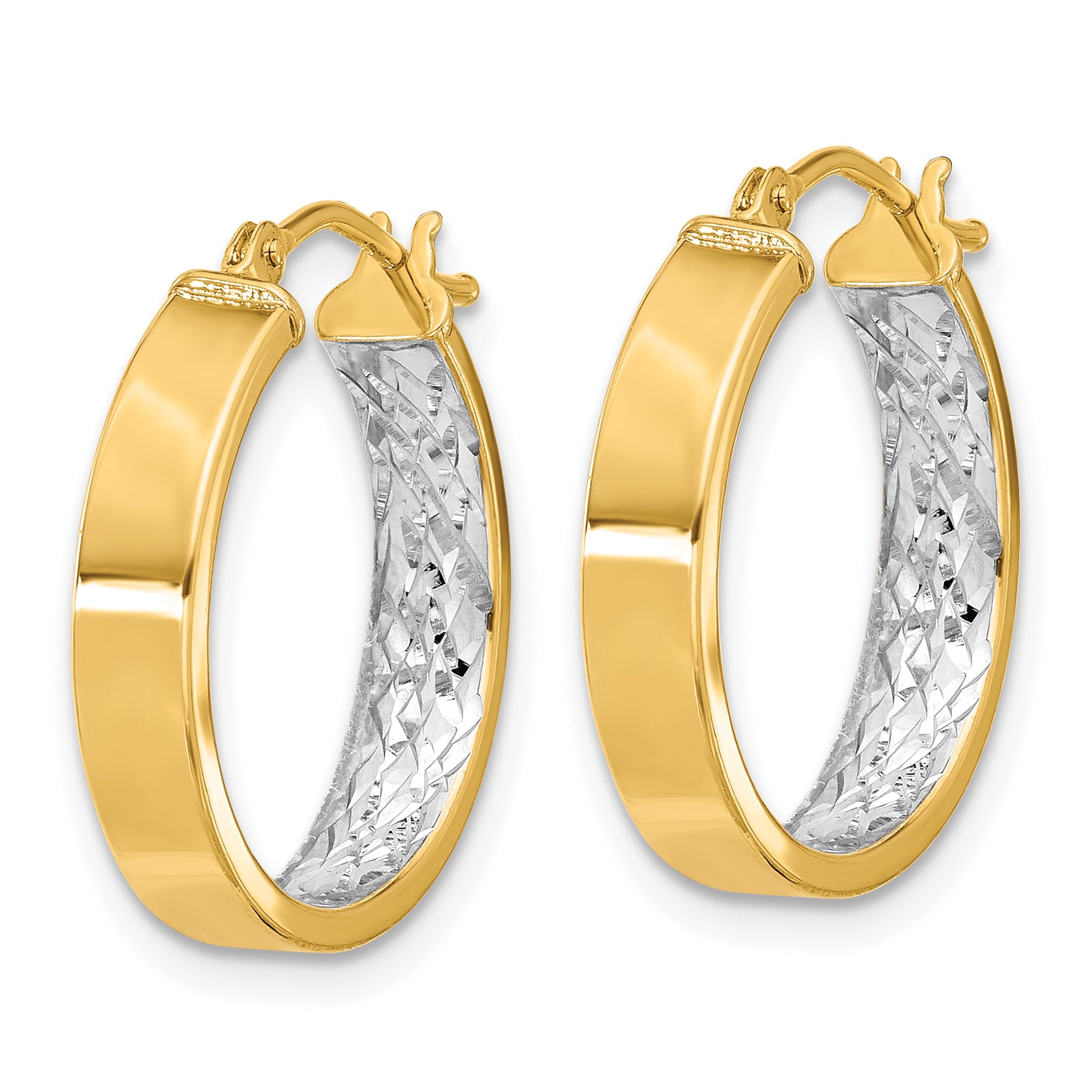 10K w/ White Rhodium Polished and Diamond-cut Hoop Earrings