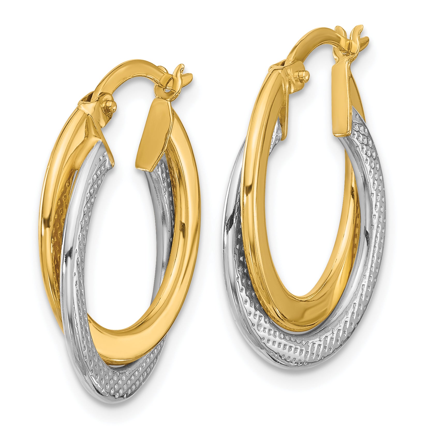 10K with Rhodium Polished and Textured Fancy Hoop Earrings Secondary image