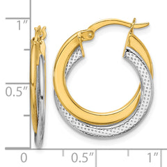 10K with Rhodium Polished and Textured Fancy Hoop Earrings