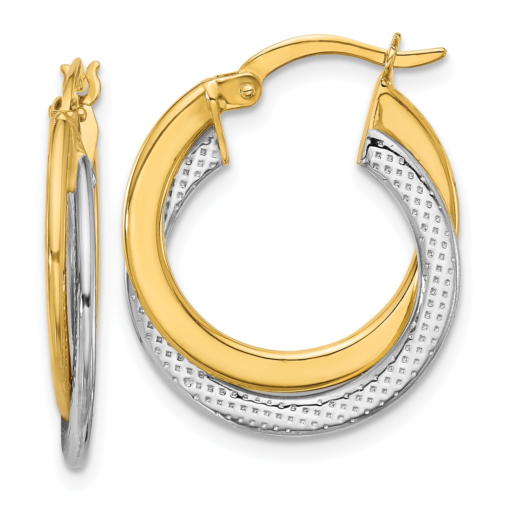 10K with Rhodium Polished and Textured Fancy Hoop Earrings Main image