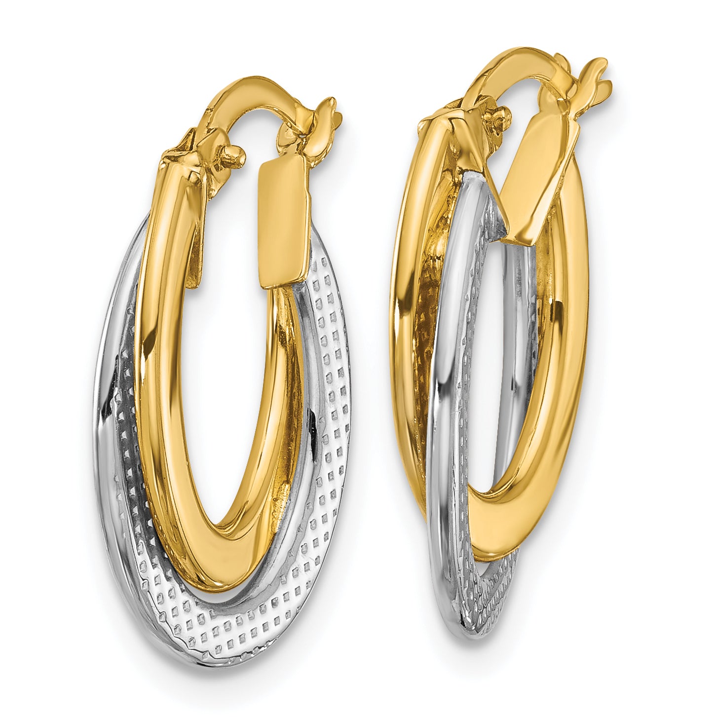 10K with Rhodium Polished and Textured Fancy Hoop Earrings Secondary image