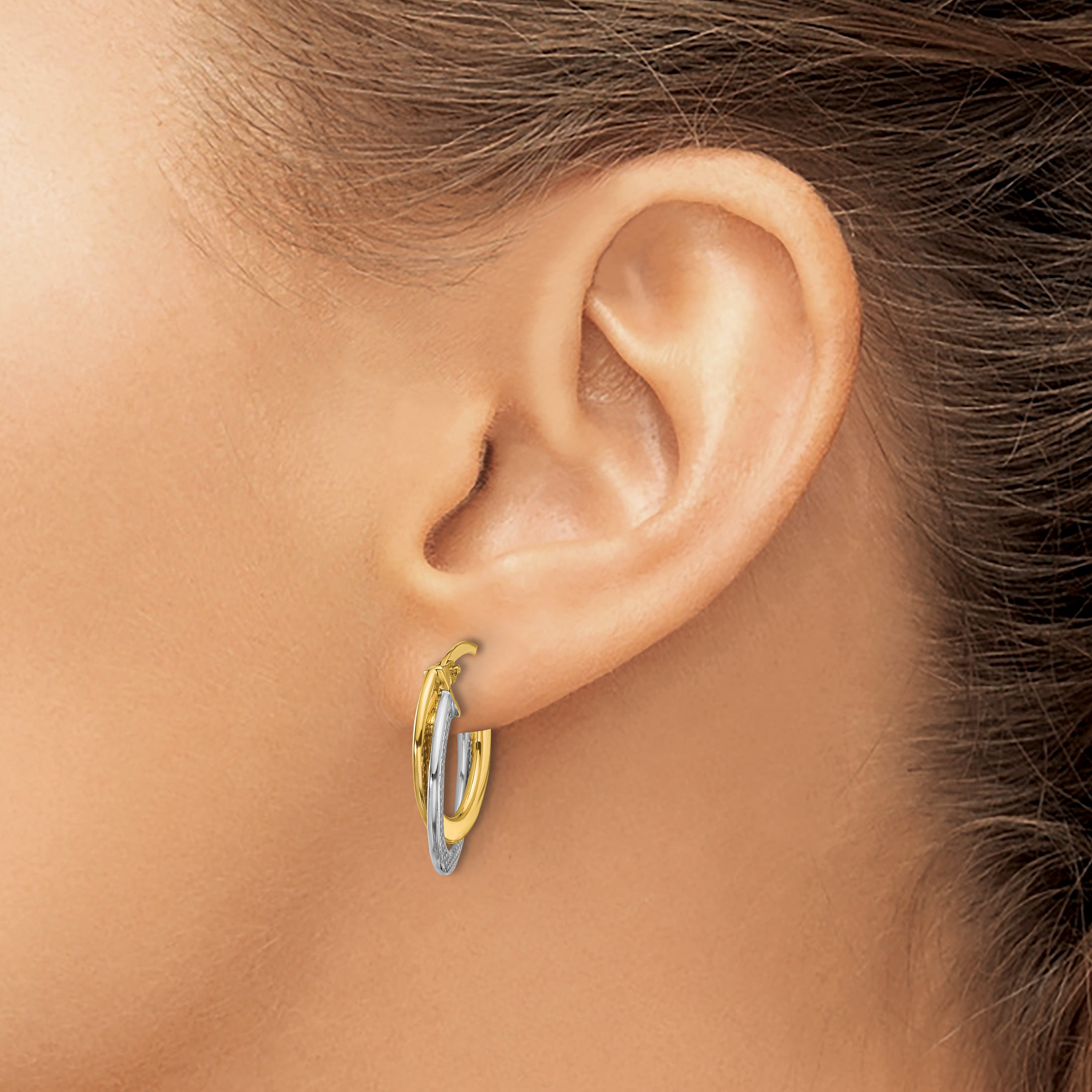 10K with Rhodium Polished and Textured Fancy Hoop Earrings