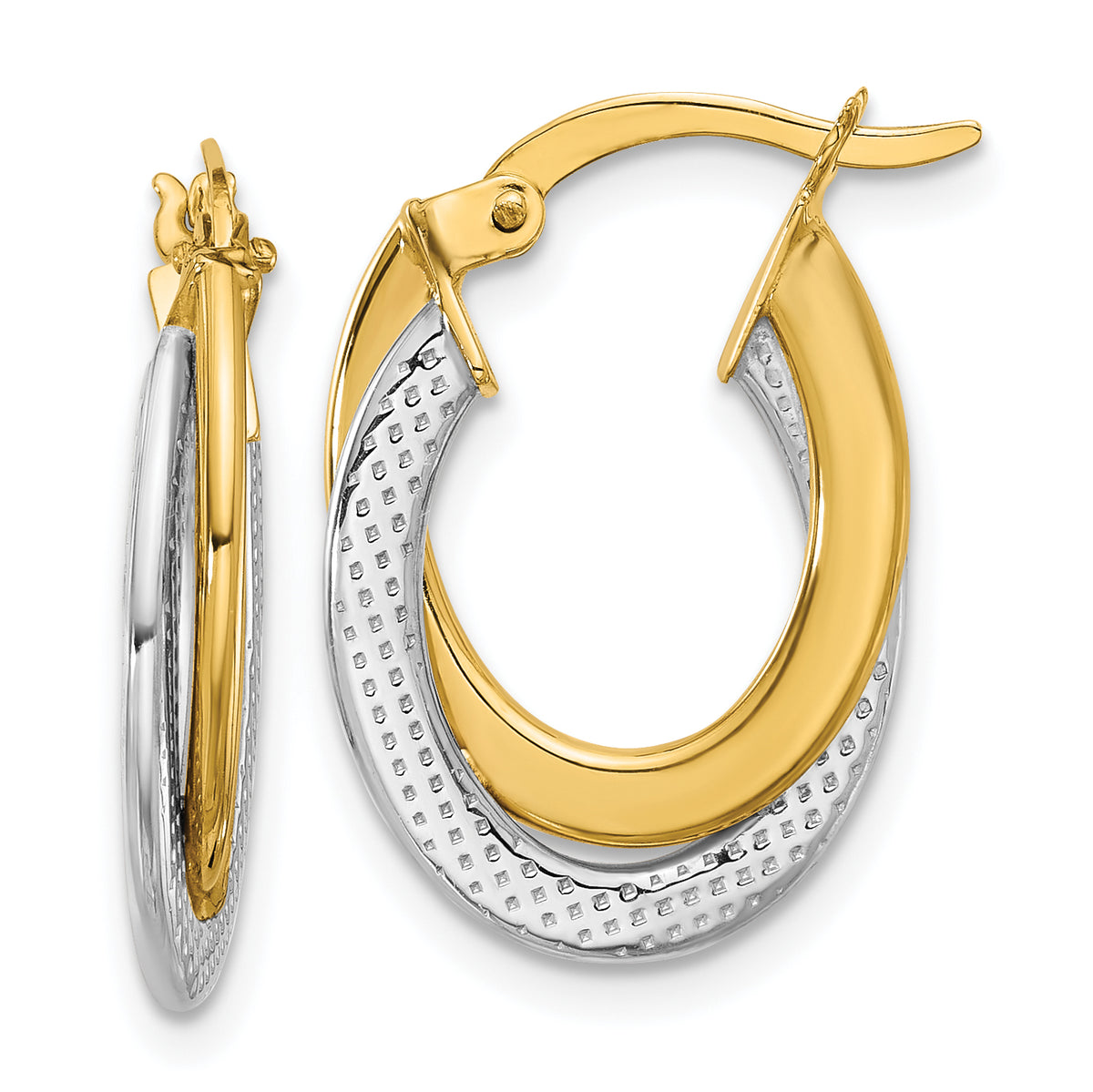 10K with Rhodium Polished and Textured Fancy Hoop Earrings
