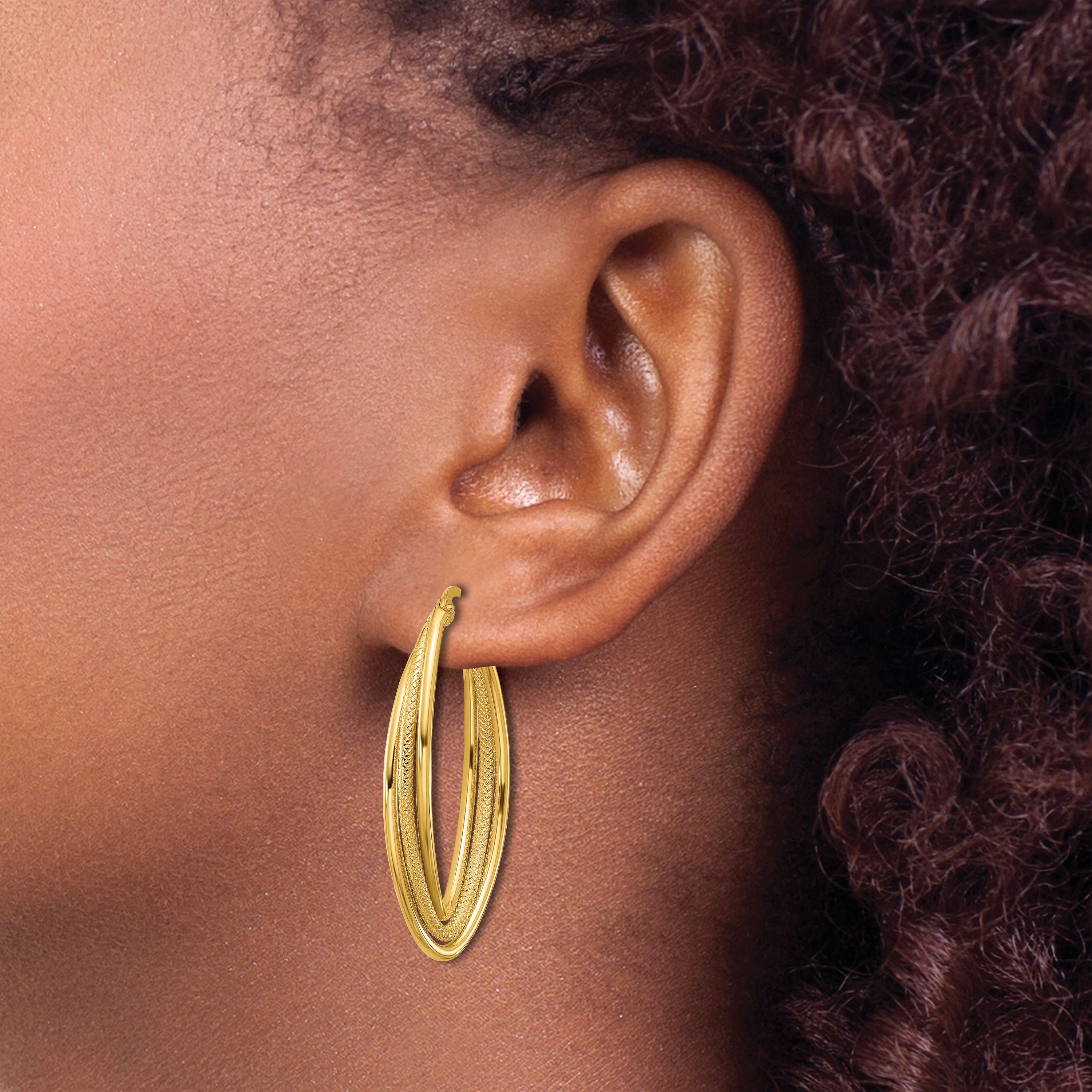10k Polished and Textured Triple Oval Twist Hoop Earrings